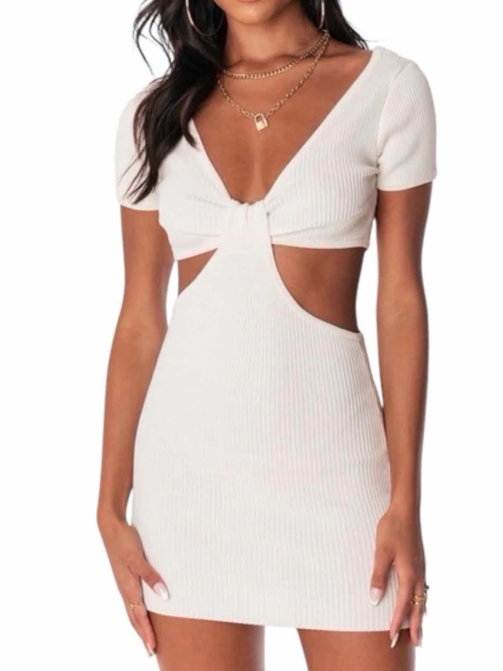 White Ribbed Cutout Mini Dress with Front Knot